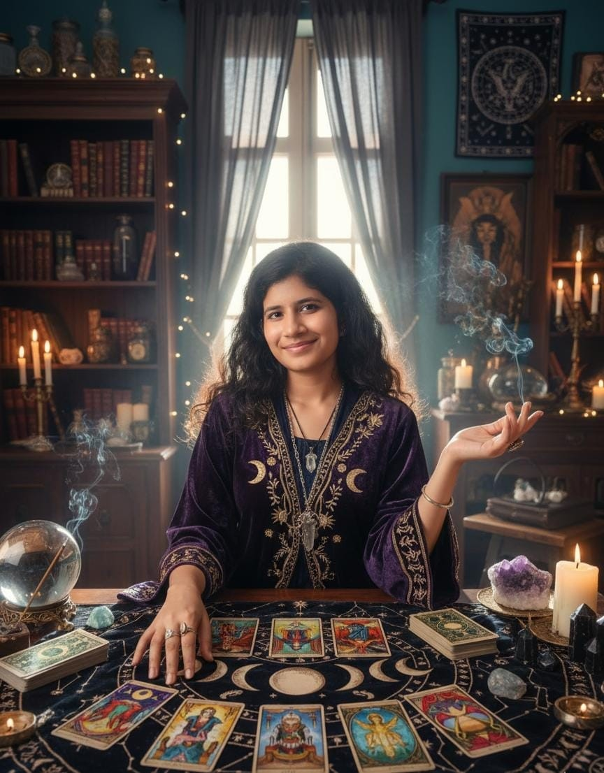 Siya at her tarot table